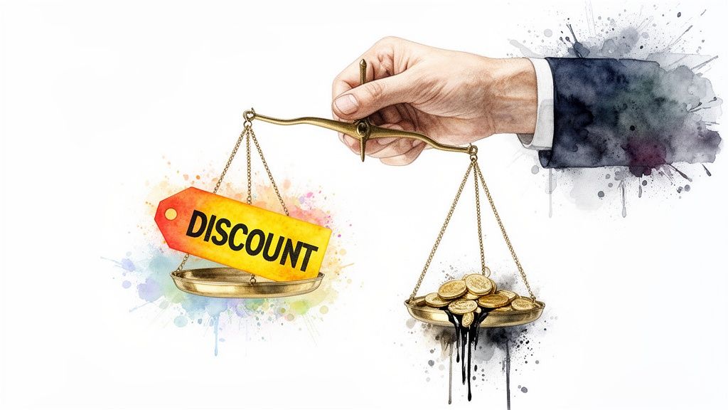 A hand holds a balancing scale with 'DISCOUNT' on one side and gold coins with dripping black liquid on the other.