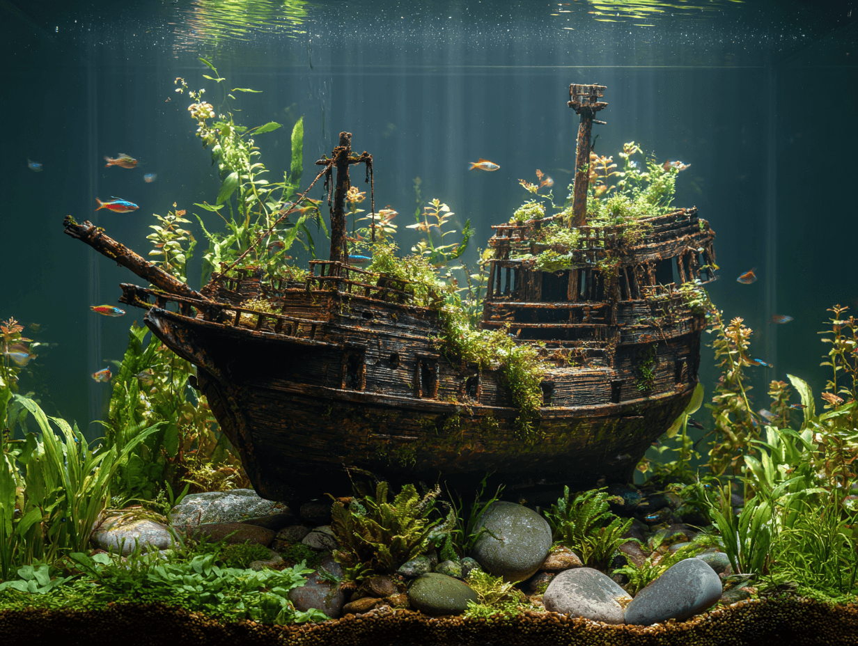 A sunken pirate ship as the main feature in an aquascaped fish tank
