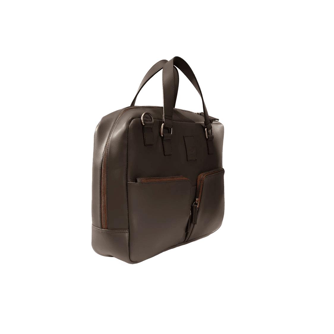 Brown leather duffel bag with handles on a white background