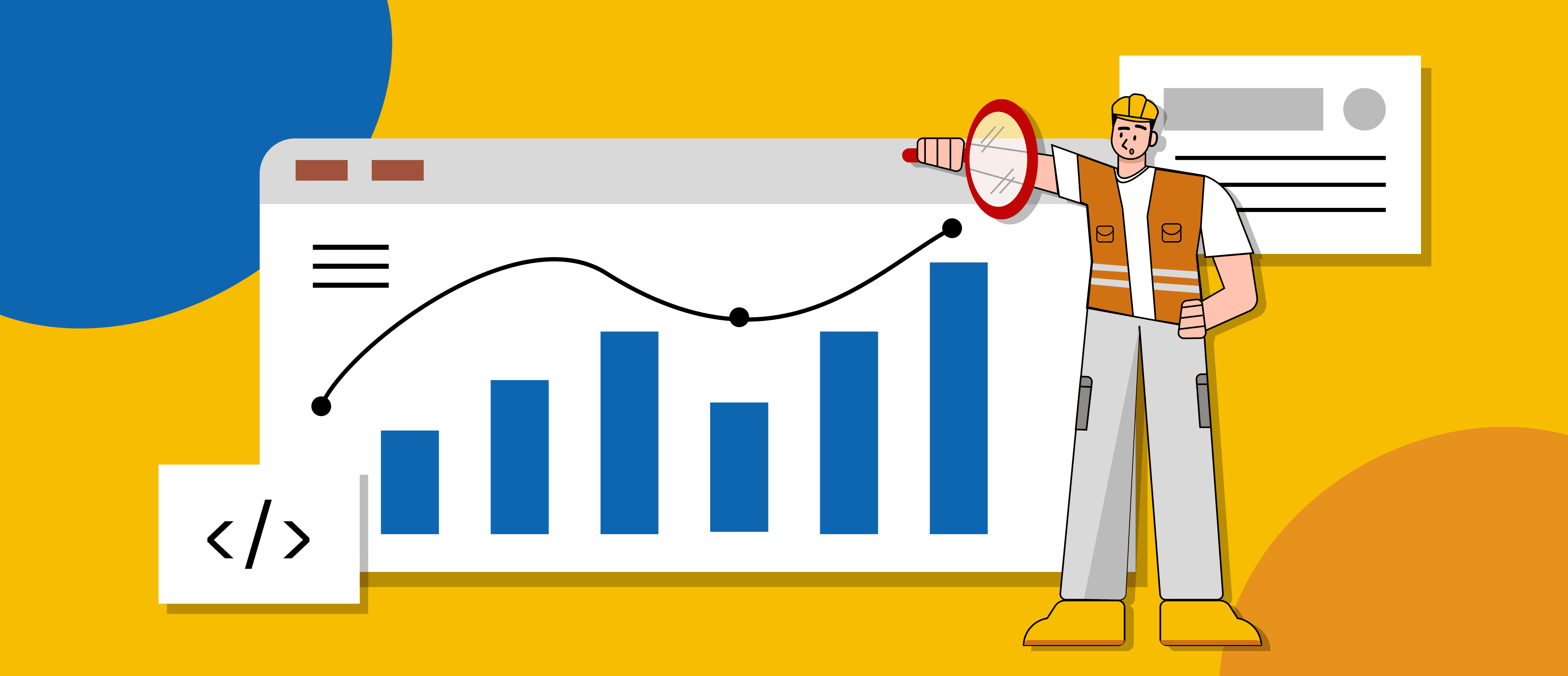 Illustration representing an SEO service page, showing performance analysis, technical optimization, and growth tracking.