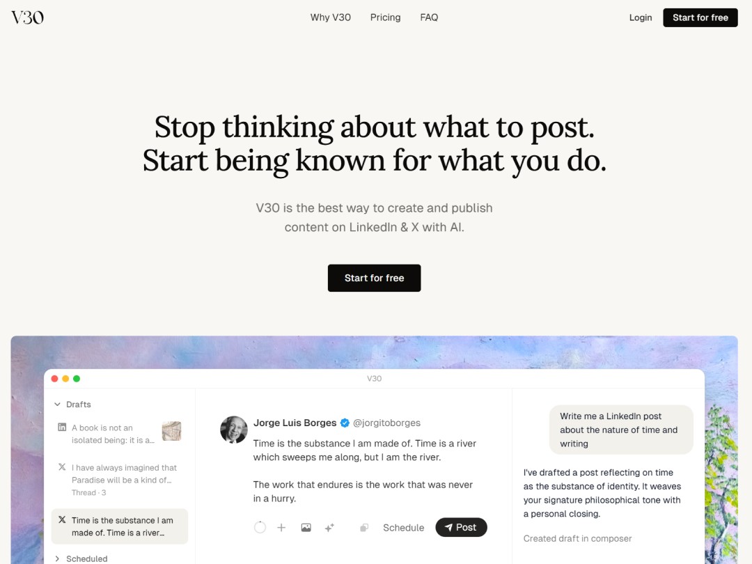 AI interface for creating and managing LinkedIn posts with V30.