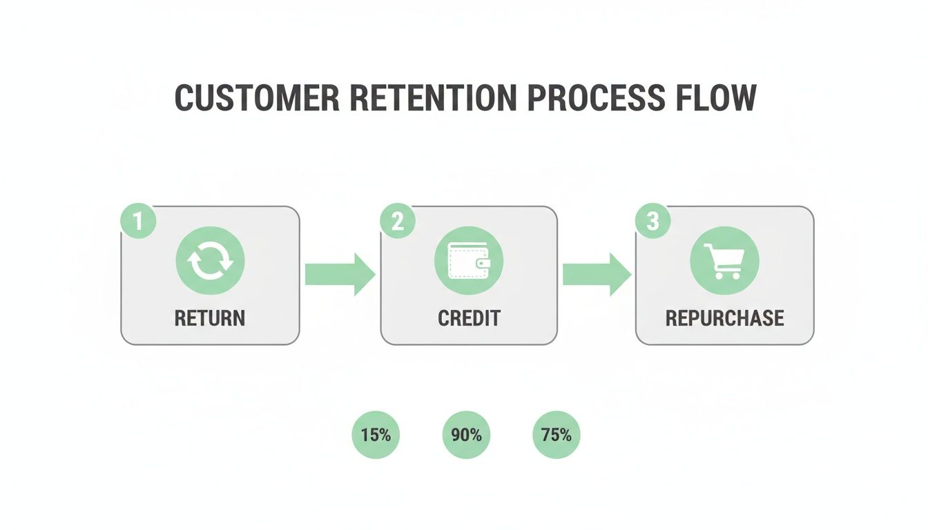 Infographic depicting a customer retention process flow: return, credit, and repurchase steps with percentages.