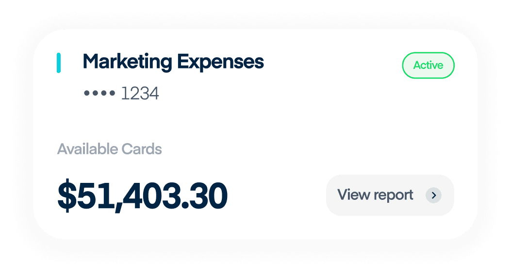 Marketing Expenses card showing available balance of $51,403.30 with Active status and View report option.