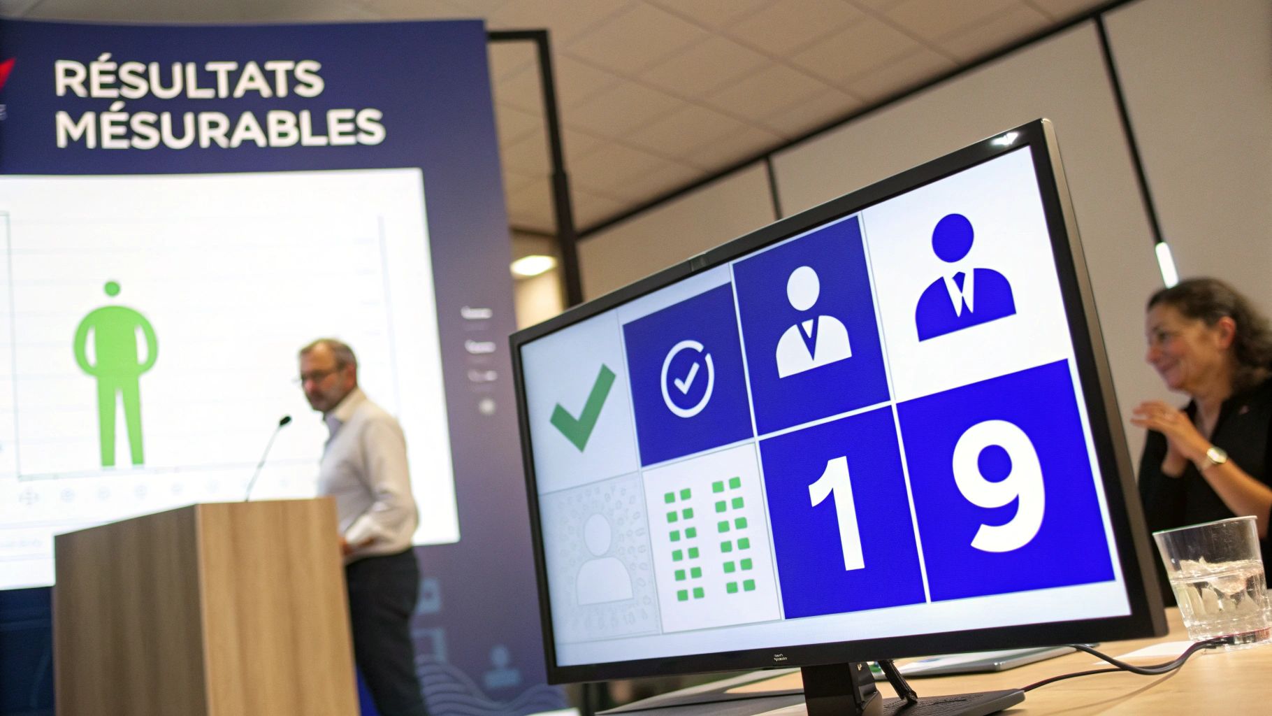 Présentation avec un écran affichant des icônes de succès et des chiffres, un orateur et une femme applaudissant.