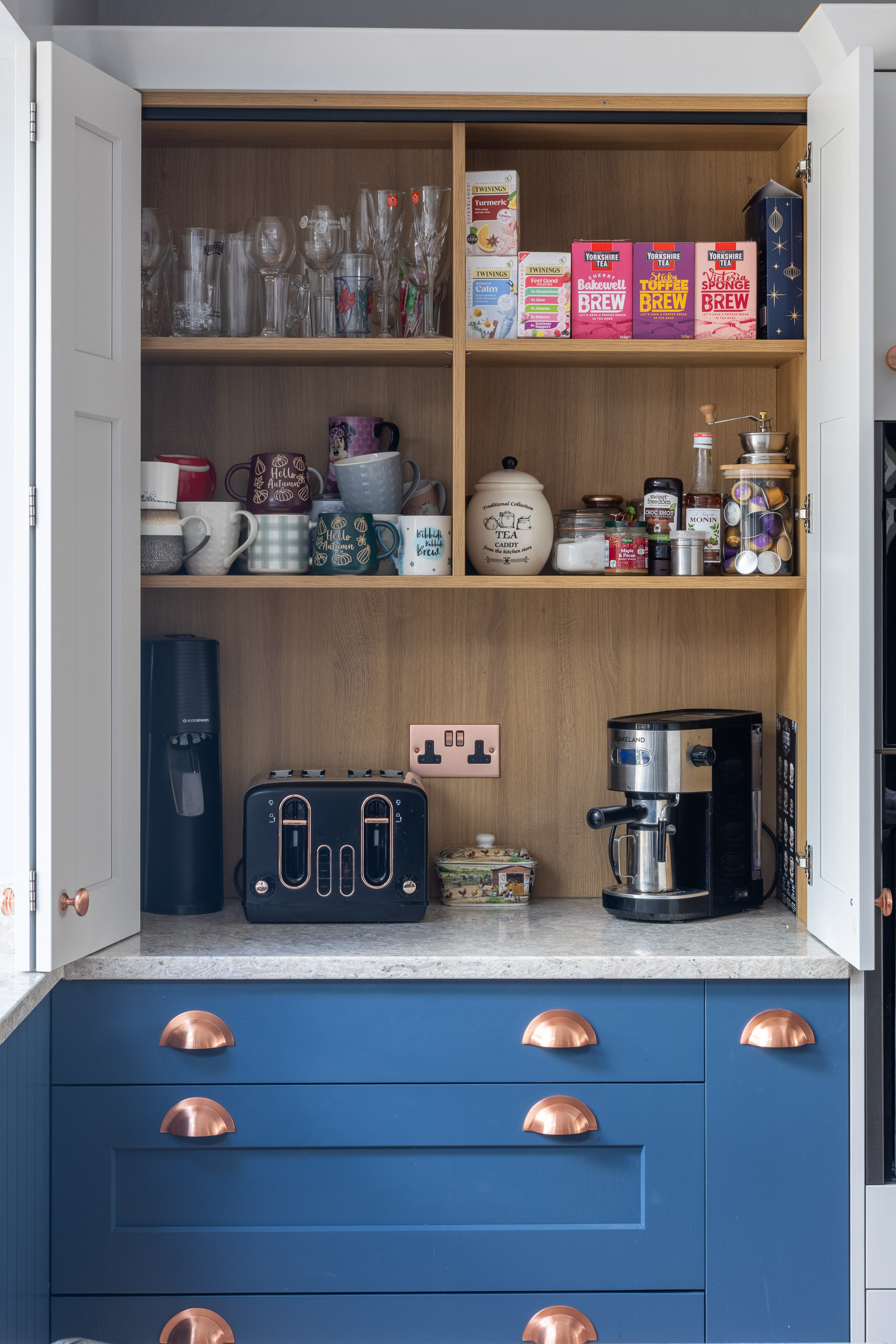 breakfast larder in blue shaker kitchen in gomersal, cleckheaton