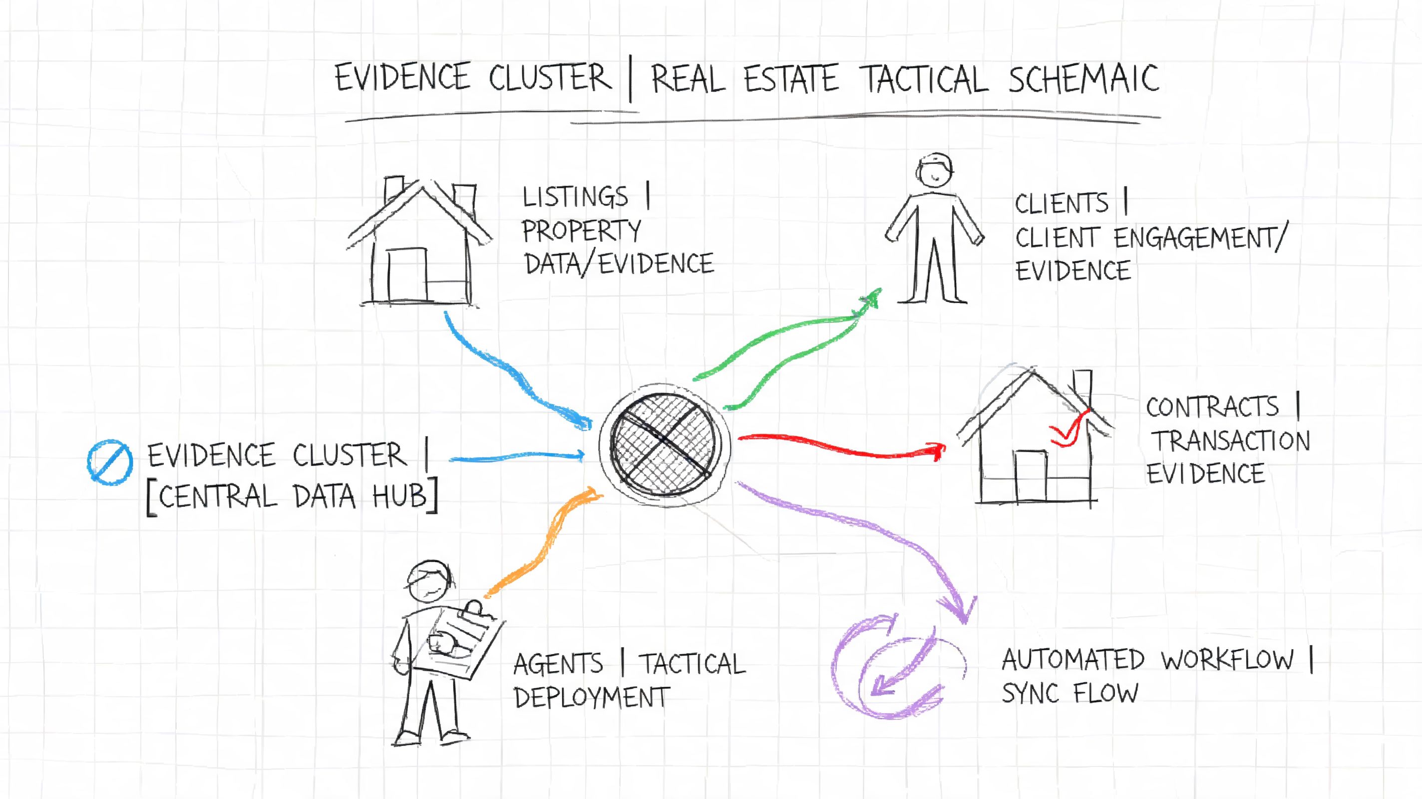 A hand-drawn diagram illustrating a central real estate data hub connecting to various agent and property workflows.