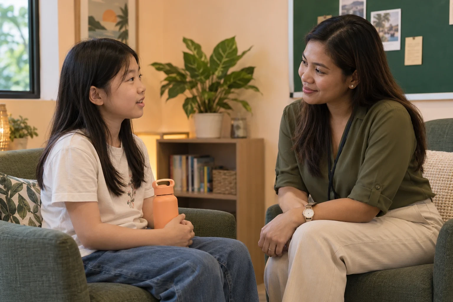 A Filipino woman coordinator listening to a Korean child in a student support room