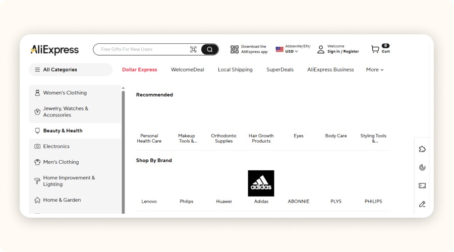 AliExpress homepage interface
