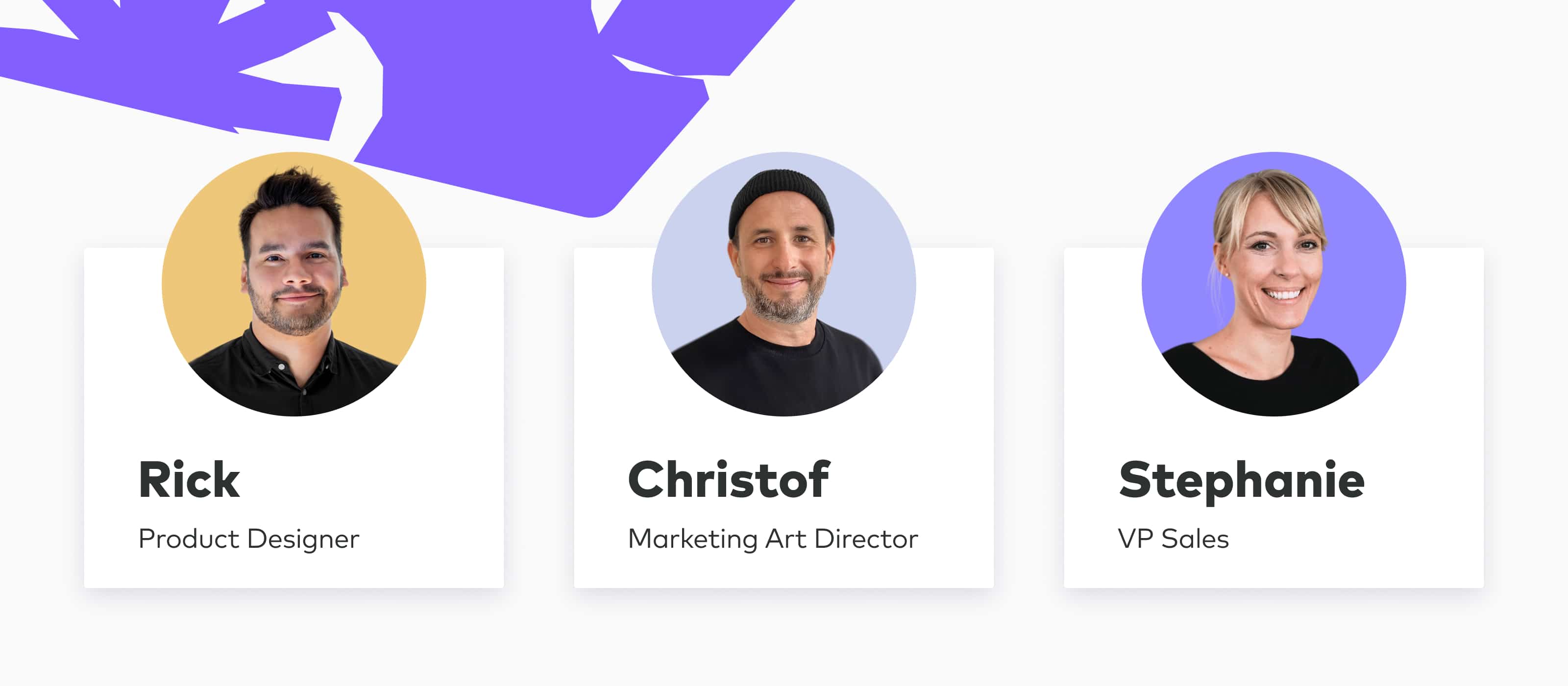 Profile photos for the three interviewees in the Frontify case study. From left to right, they are Rick Hummel, Product Designer, Christof Müller, Marketing Art Director, Stephanie McSwiney, VP Sales.