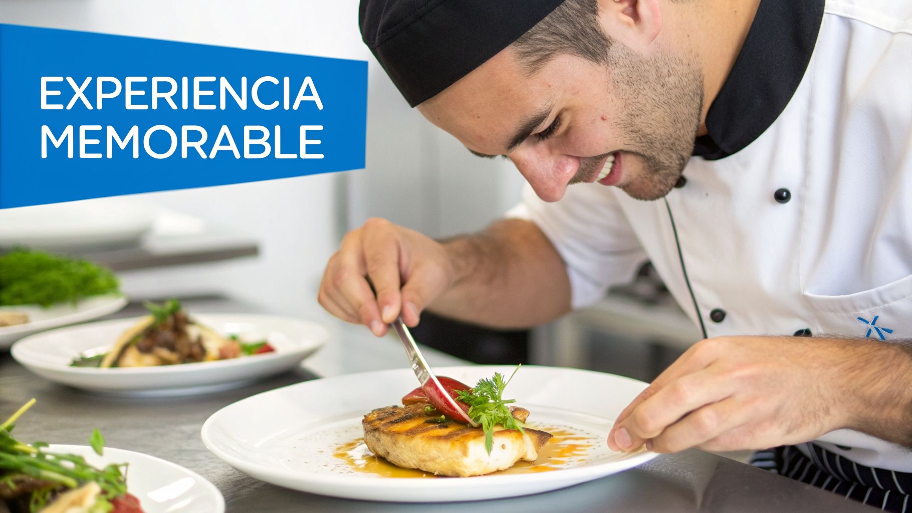 Chef sonriente emplatando cuidadosamente un plato gourmet en una cocina profesional, prometiendo una experiencia memorable.