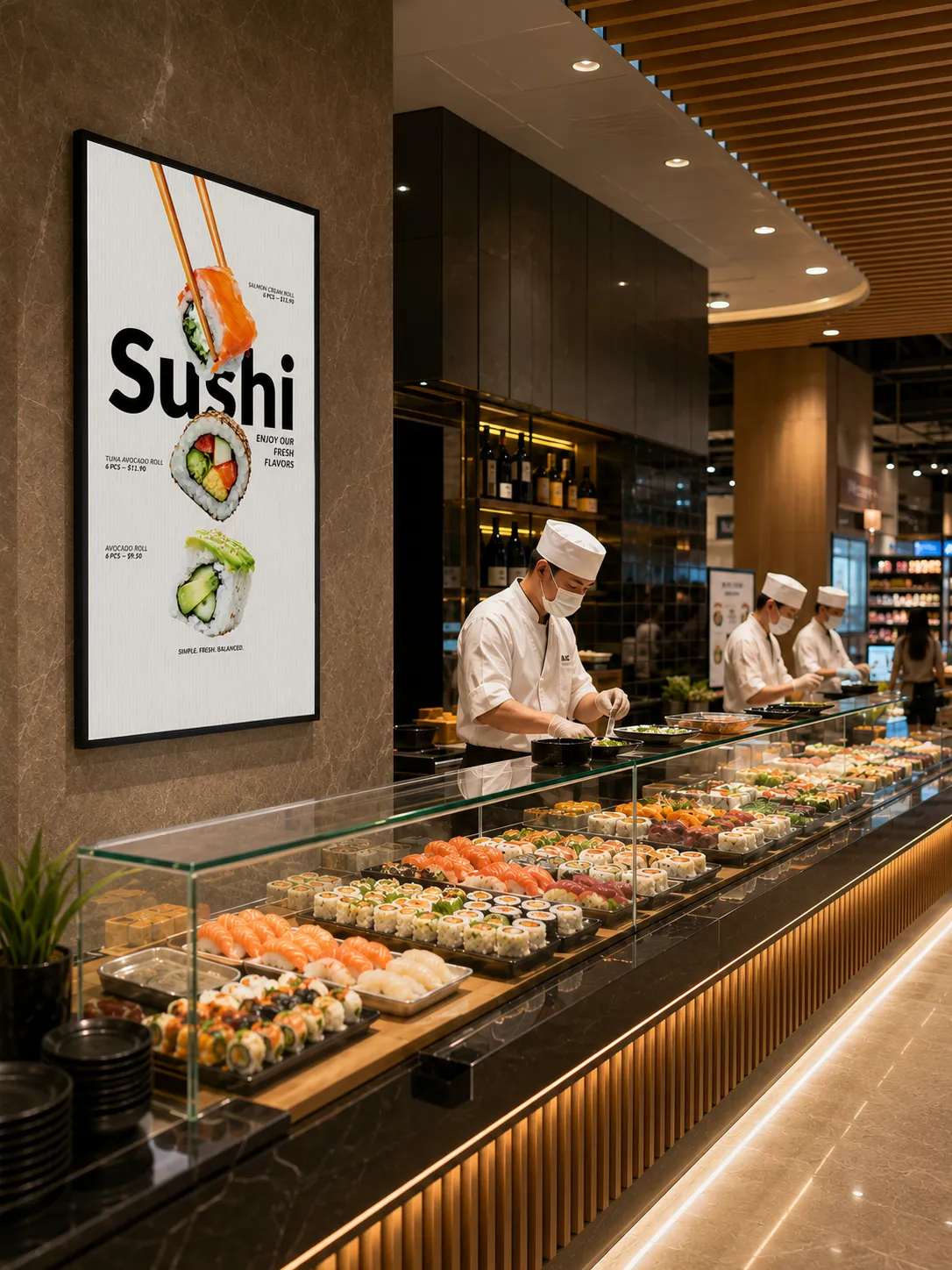 Digital signage promoting fresh sushi and daily specials at a supermarket sushi counter