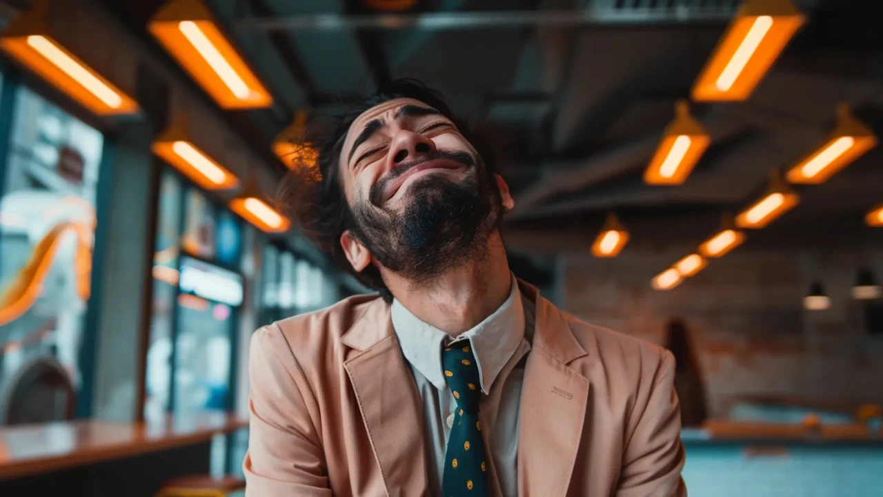 Dans un espace contemporain aux lumières orangées suspendues, un homme en veste beige et cravate verte incline la tête en arrière, les yeux fermés et le visage marqué par une expression intense, entre soulagement et émotion. L’arrière-plan montre un environnement professionnel chaleureux et design. Cette scène accompagne la thématique “Welcome pack et onboarding au cœur de la marque employeur”, en symbolisant l’impact émotionnel d’une intégration réussie et l’importance des premières impressions dans l’expérience collaborateur.