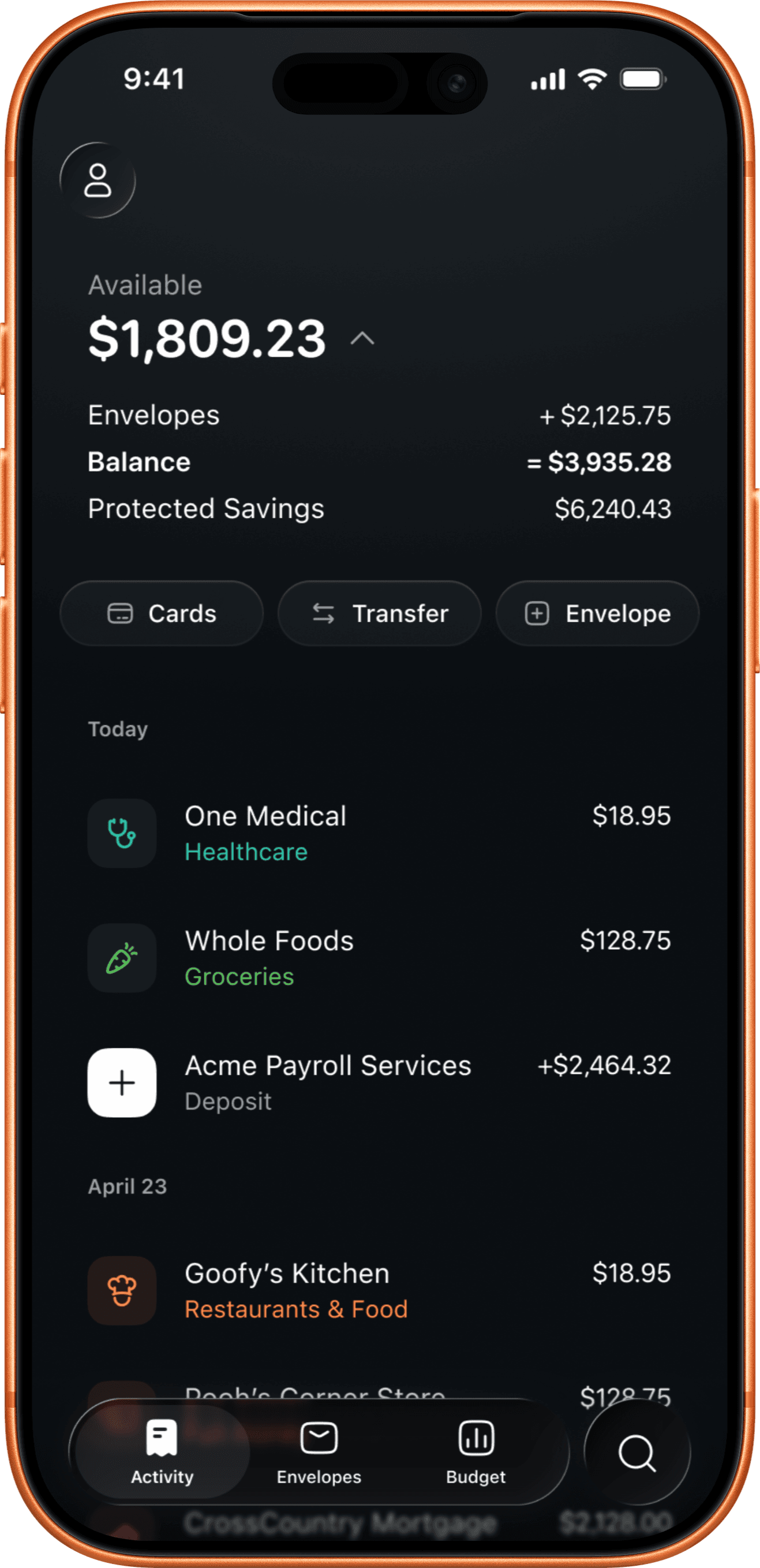 Screenshot of the Envelope budgeting app Activity screen showing available balance, recent transactions, and quick actions for cards, transfers, and envelopes.