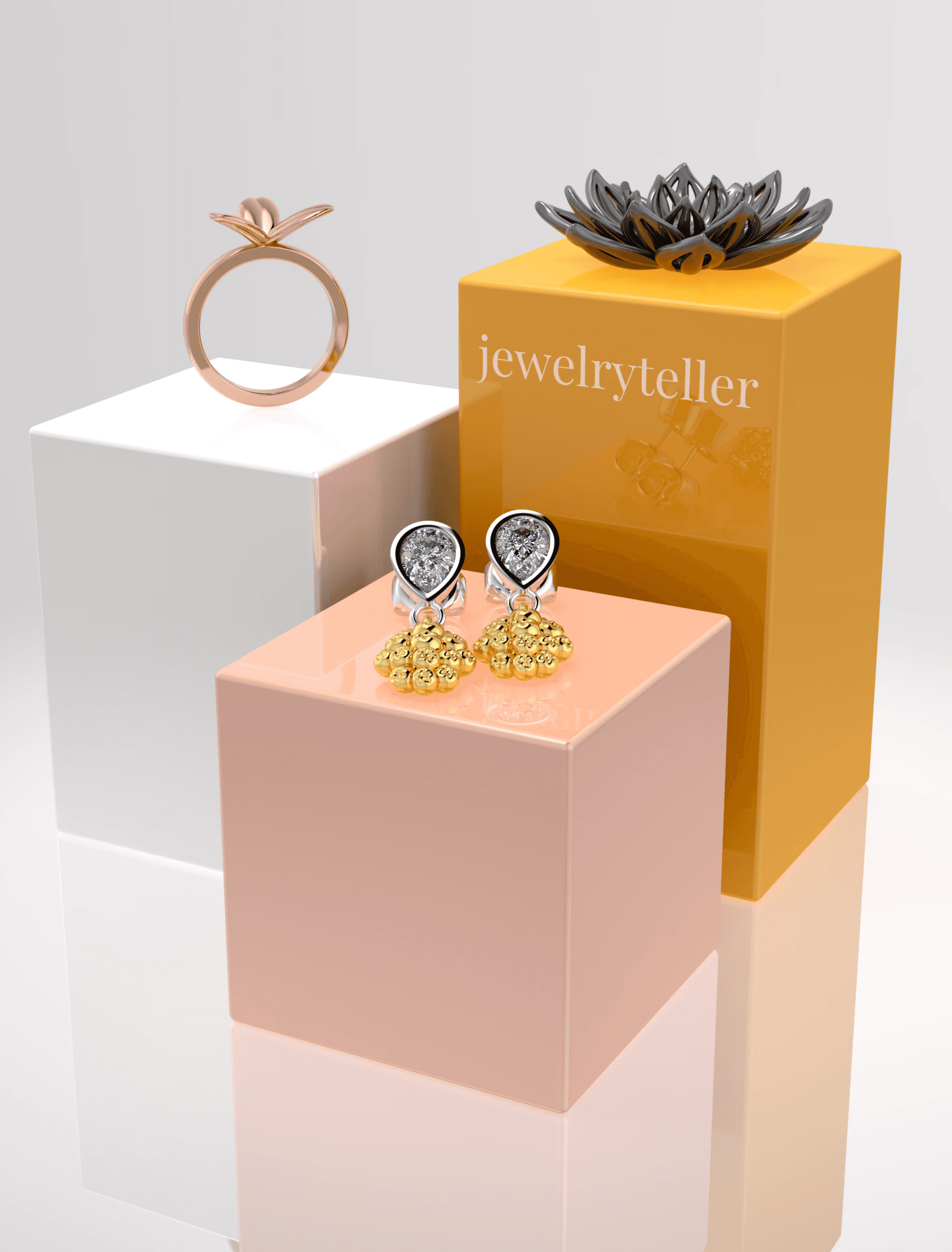 Earrings, design ring and dark flower in silver.