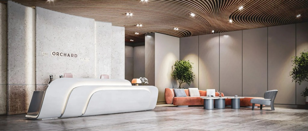 Modern office lobby featuring a sleek reception desk at Orchard Place (260).