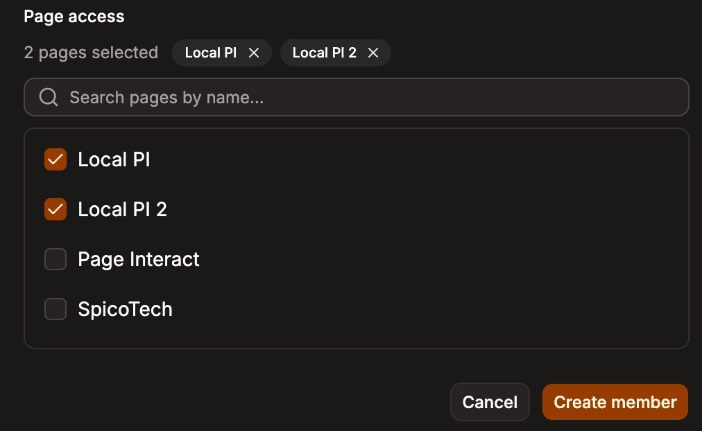 Page access checkboxes with two pages selected and the Create member button