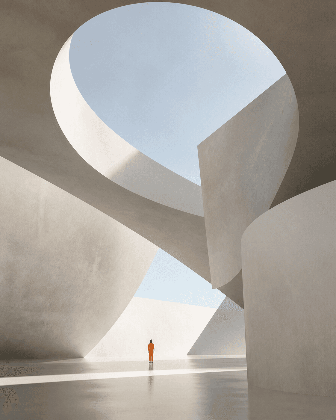 Small figure beneath monumental ivory geometric planes