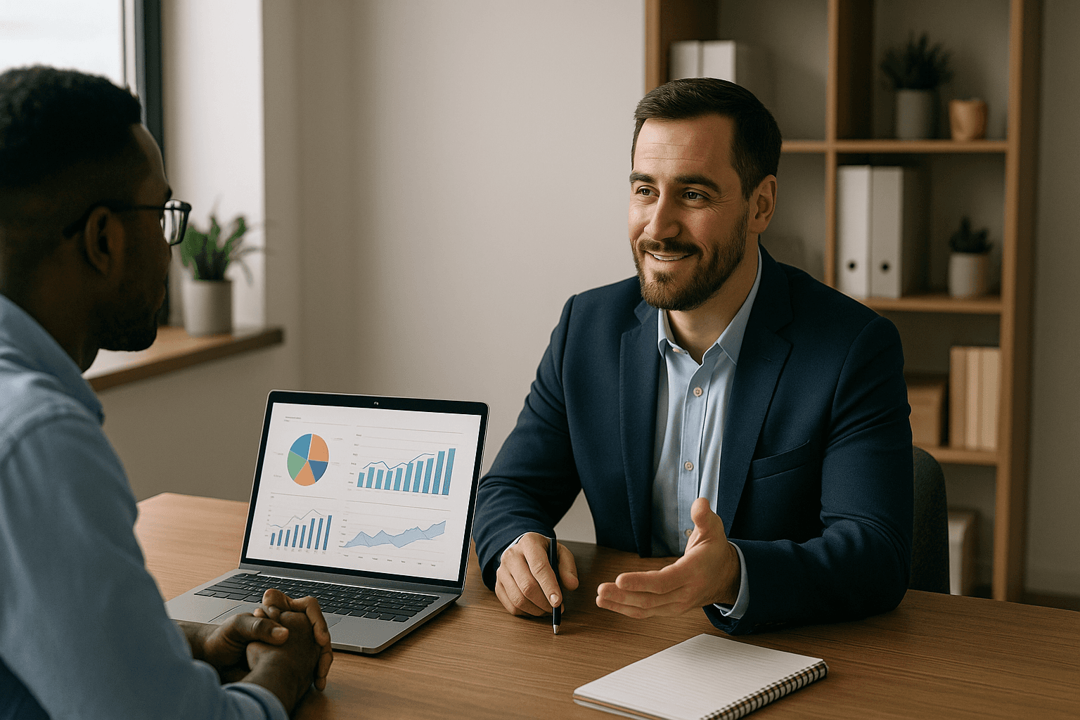 Consultor e cliente conversam em uma mesa de escritório, com um notebook exibindo gráficos de desempenho. O consultor gesticula enquanto explica dados, representando uma abordagem de venda consultiva baseada em análise, relacionamento e entendimento do cliente no contexto B2B.