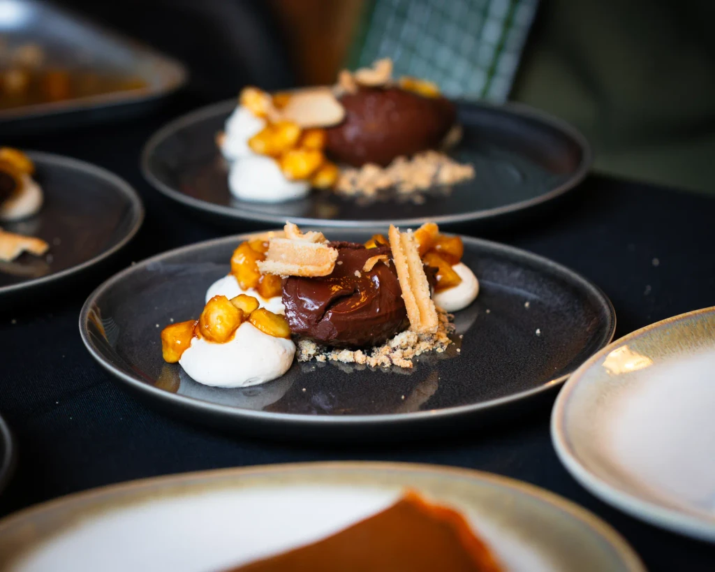 Noir chocolate cremeux with caramelised banana and crisp toffee