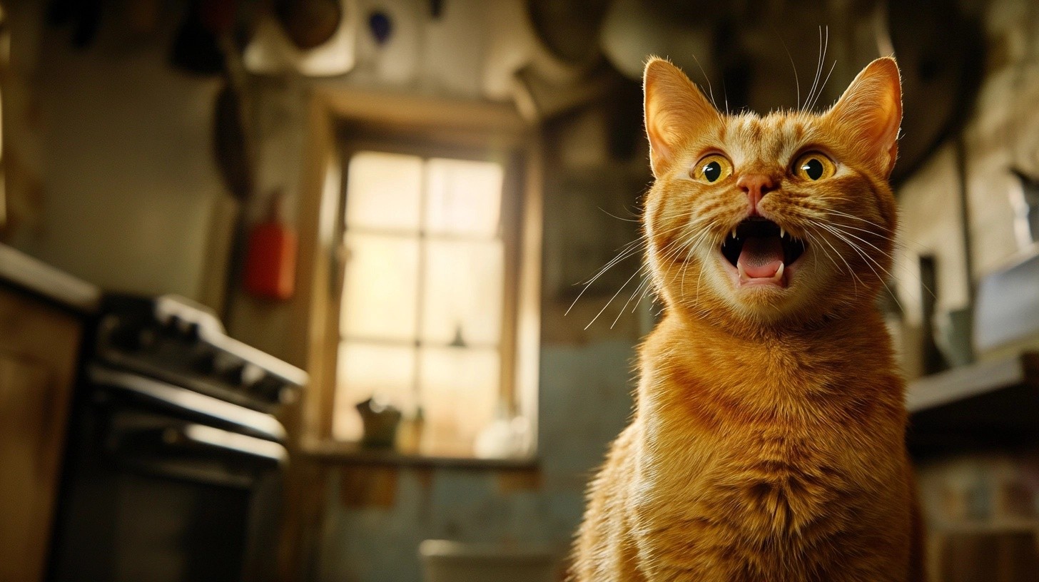 An orange cat looking surprised