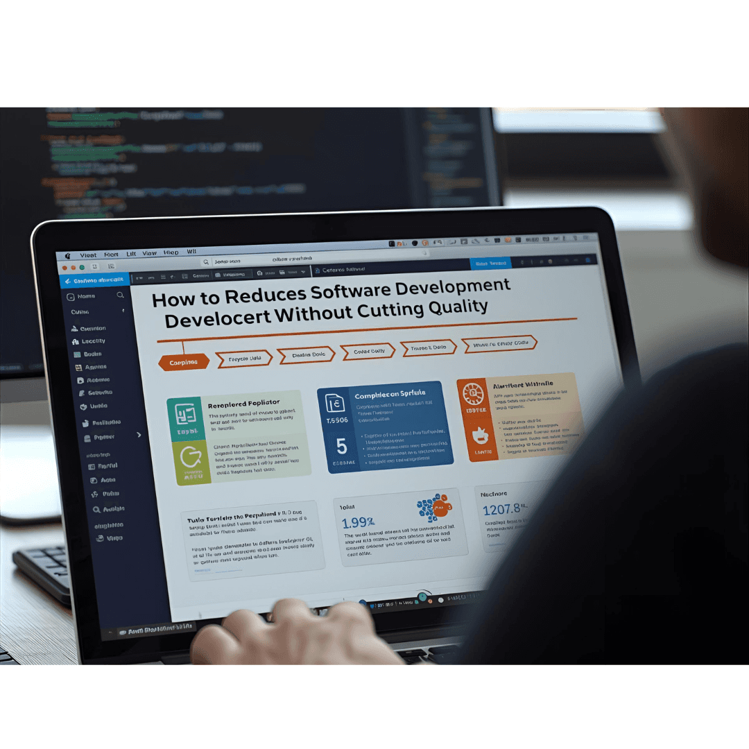 Image with laptop screen written How to Reduce Software Development Cost Without Cutting Quality on it