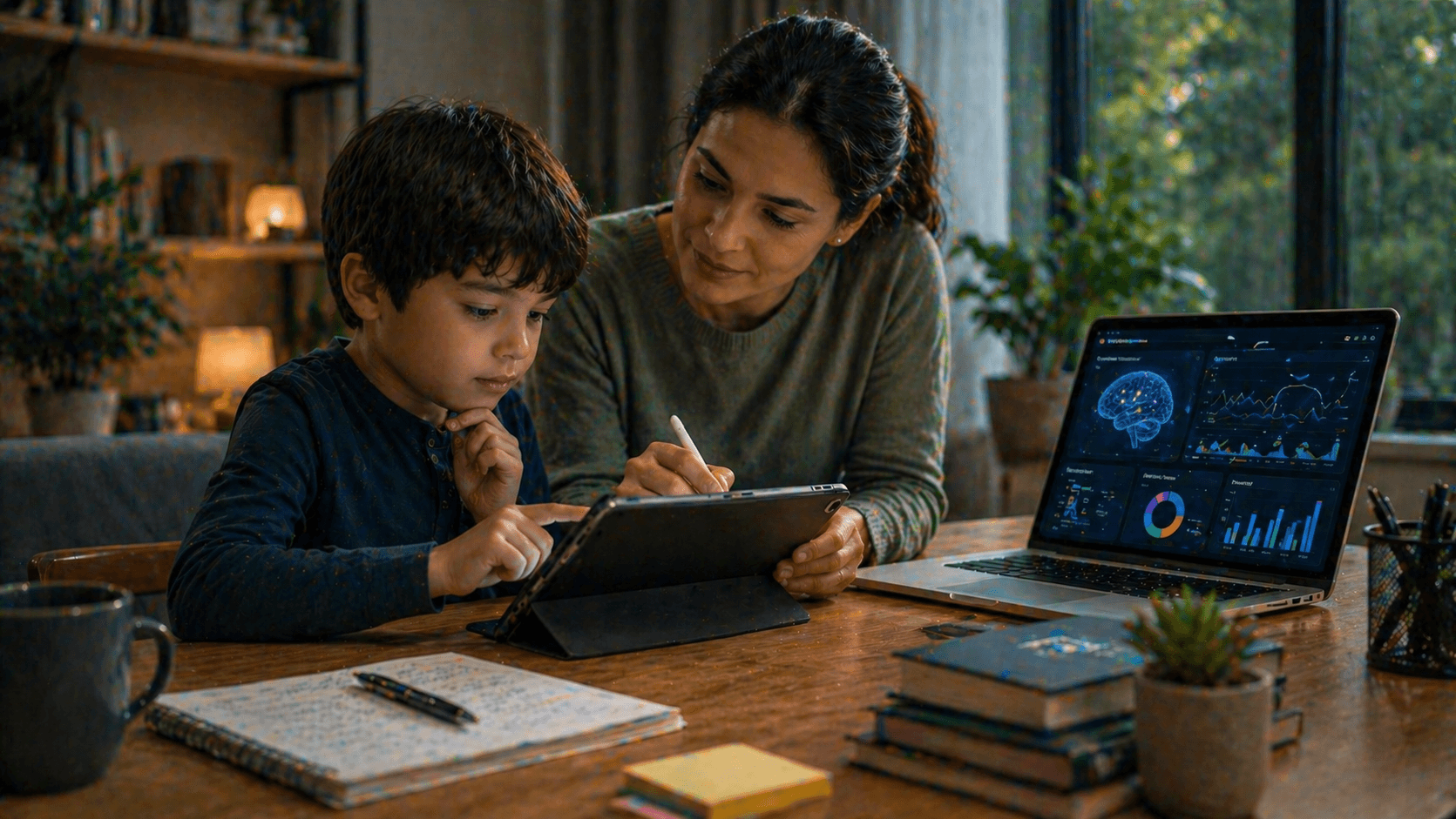 A young child is engaged in digital learning on a tablet with guidance from an adult, surrounded by an organized workspace with a graph-displaying laptop, a notebook, and potted plants, emphasizing education and technology.