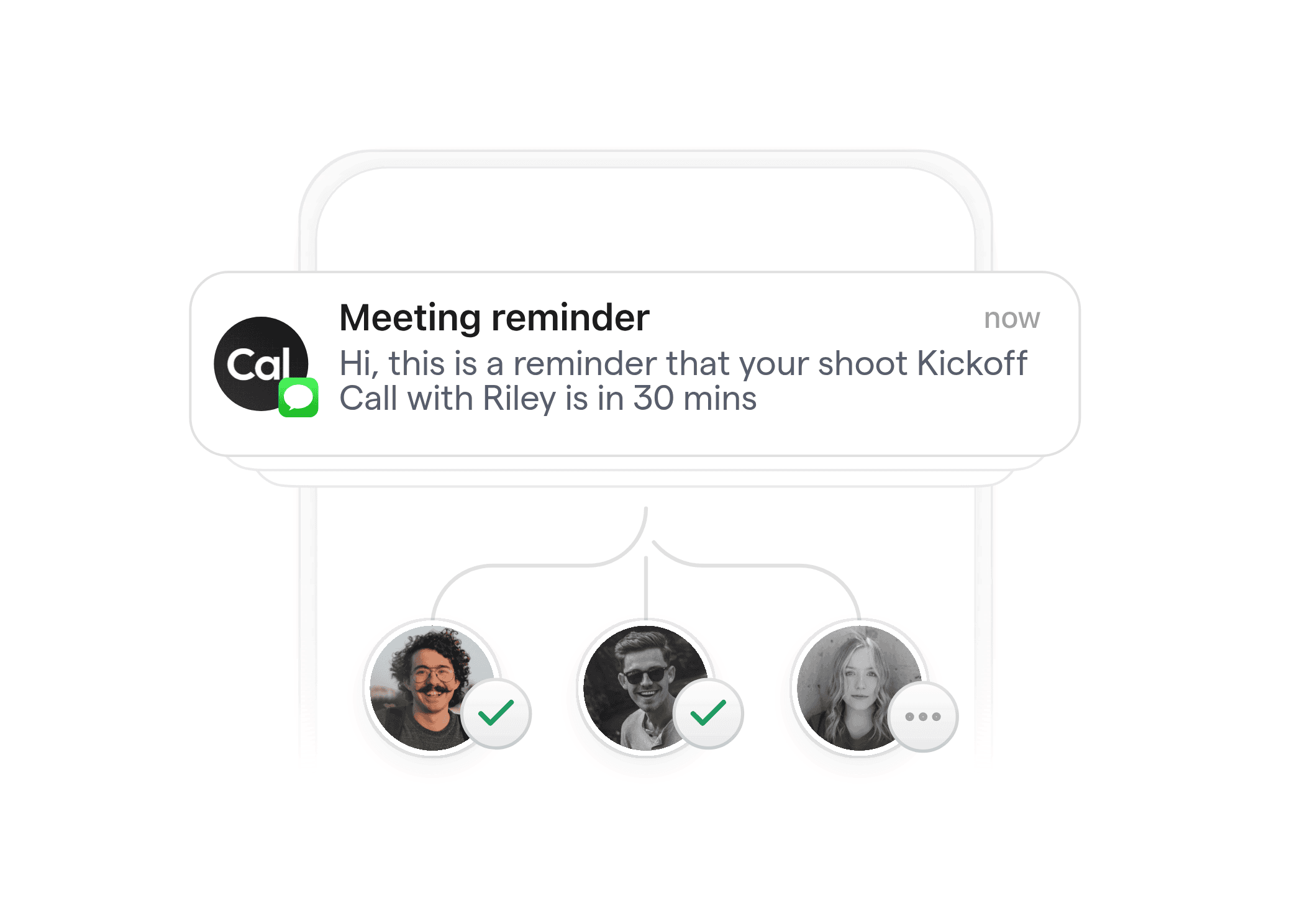 Image showing a Cal.com meeting reminder on mobile for a shoot kickoff call, with attendees and response status for a video production team.