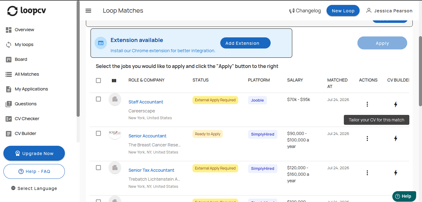 LoopCV matches showing Staff and Senior Accountant roles mostly tagged External Apply Required