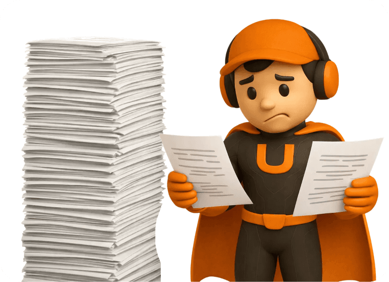 Mascot holdin paper in both of his hands in stress