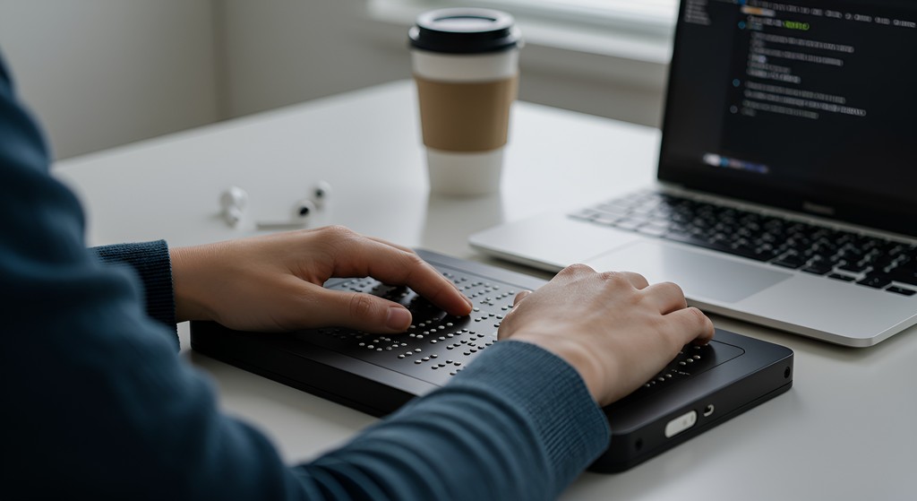 Close-up of hands reading a refreshable braille display in front of a laptop, with a coffee cup and earphones on the desk.