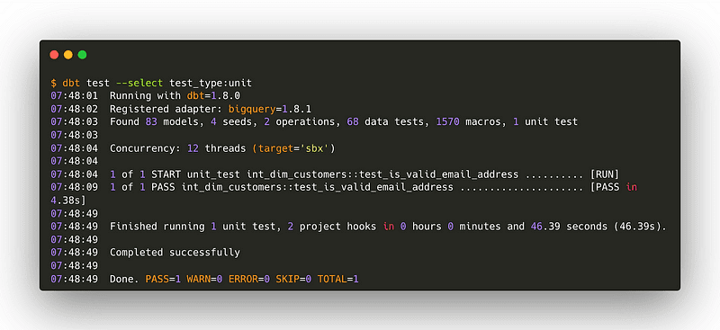 A screenshot of a terminal window displaying the results of running a dbt unit test command. The command dbt test --select test_type:unit is executed, showing the test running with dbt version 1.8.1. The test output includes information on models, seeds, operations, data tests, macros, and unit tests. The specific unit test test_is_valid_email_address passes, with a summary indicating 1 pass, 0 warnings, 0 errors, 0 skips, and a total of 1 test completed successfully.