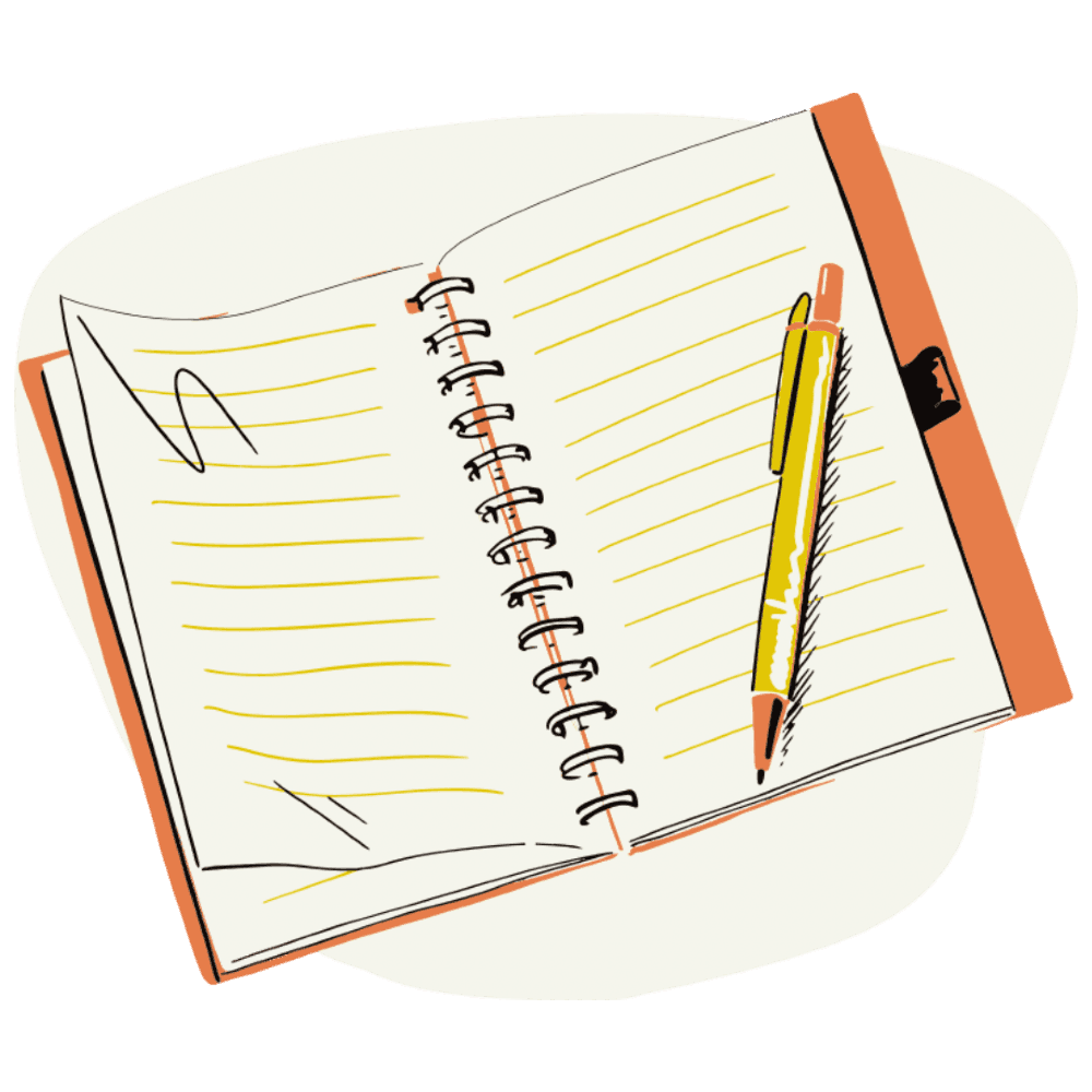 Illustration of an open spiral notebook with lined pages, a pencil resting on it, and a pen clipped to the cover. The background is split—dark green on the left with the notebook, and orange on the right with the word 'Blog' in bold white text.