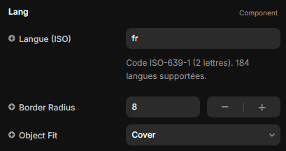 Lang component props panel showing the Langue (ISO) field set to "fr", Border Radius, and Object Fit options