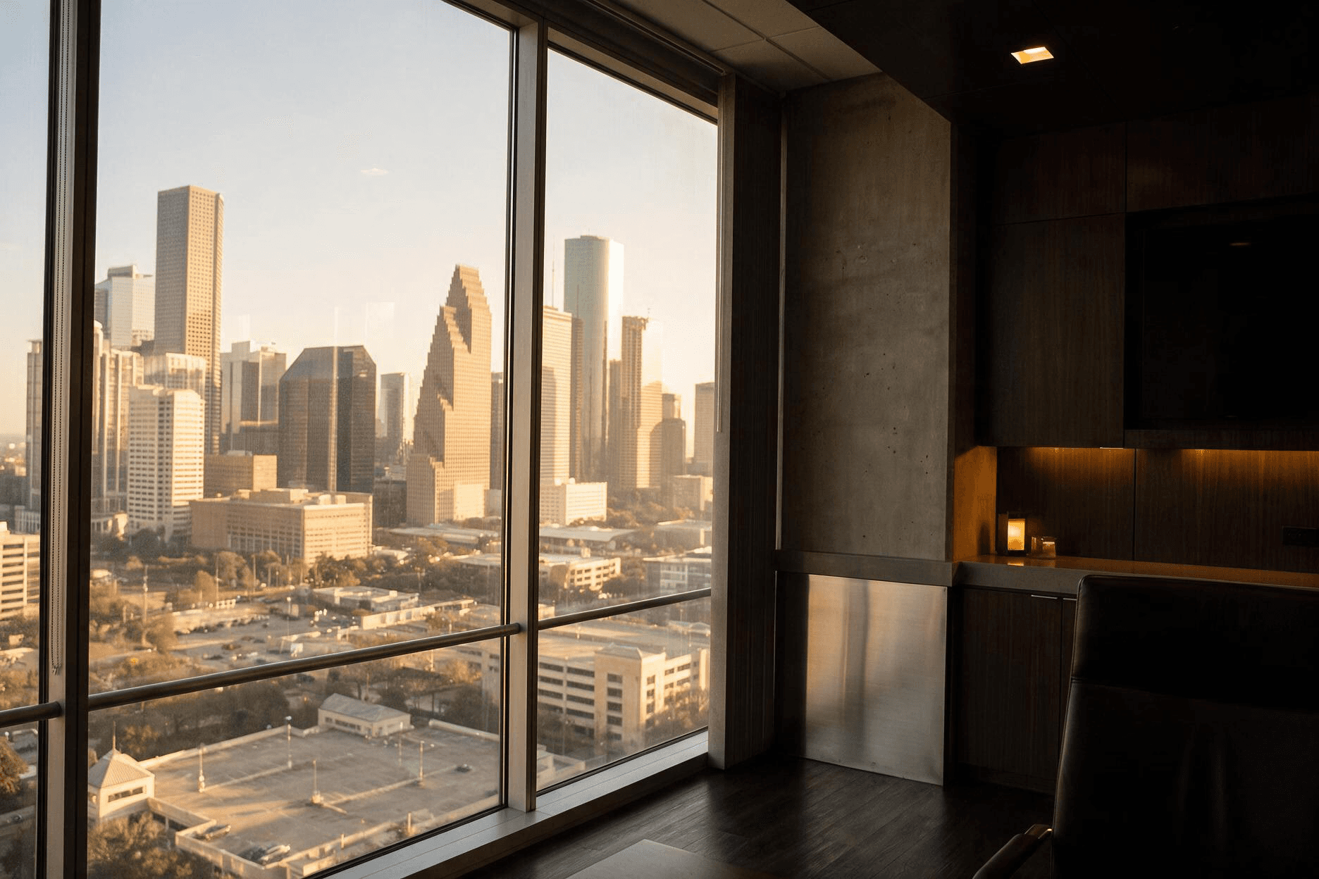 View from a darkened office interior through floor-to-ceiling windows onto a city skyline at golden hour, with a leather chair and a lit candle on a wood credenza in the foreground.