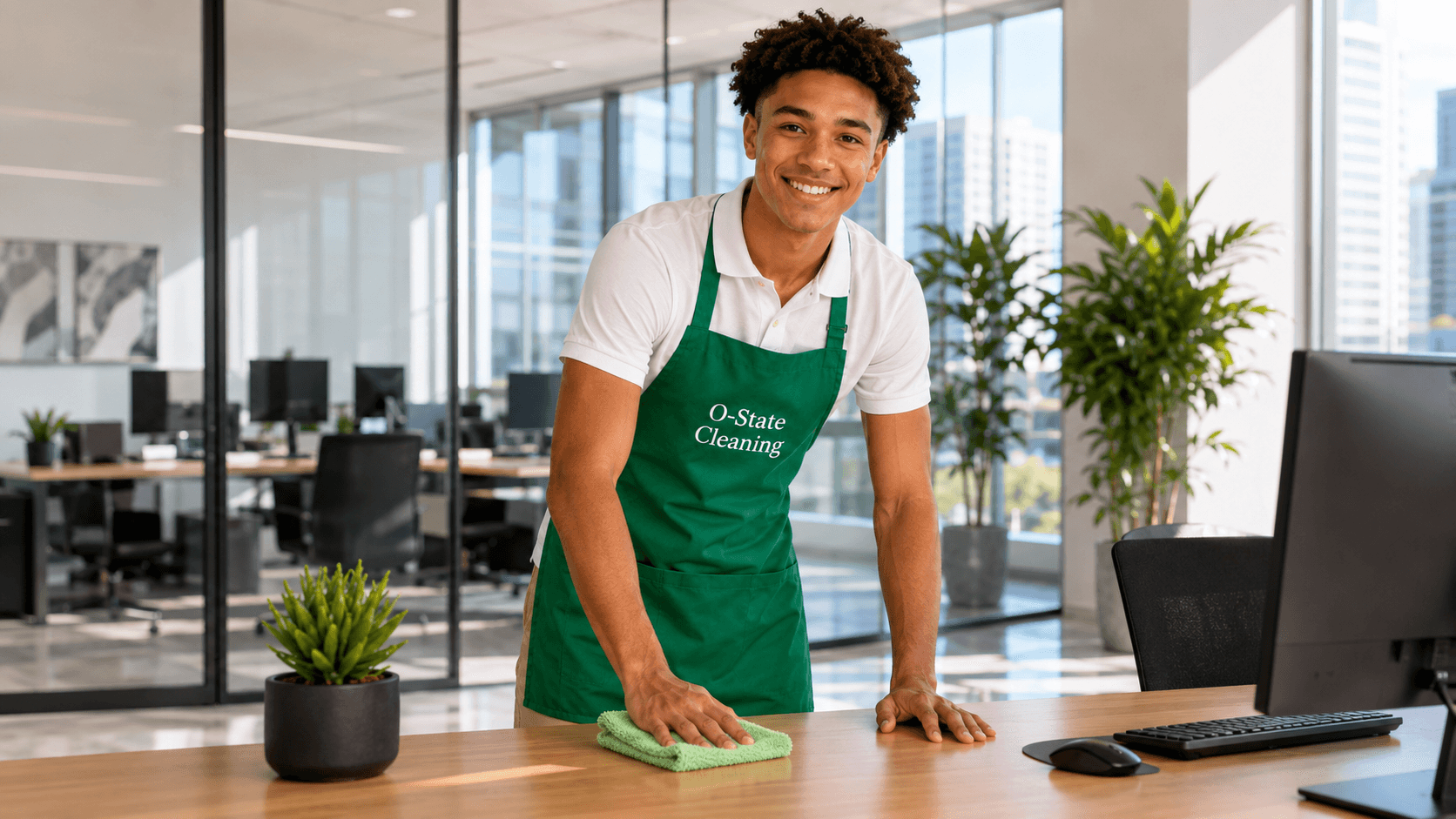one cleaner cleaning a office desk