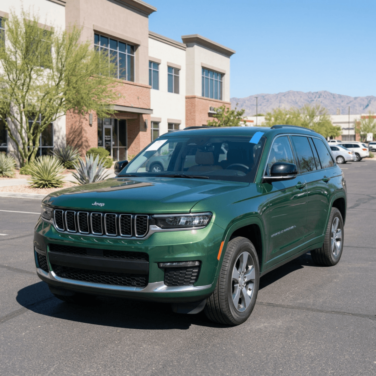 Green Jeep Grand Cherokee L showcasing a spotless new windshield in Prescott Valley, AZ