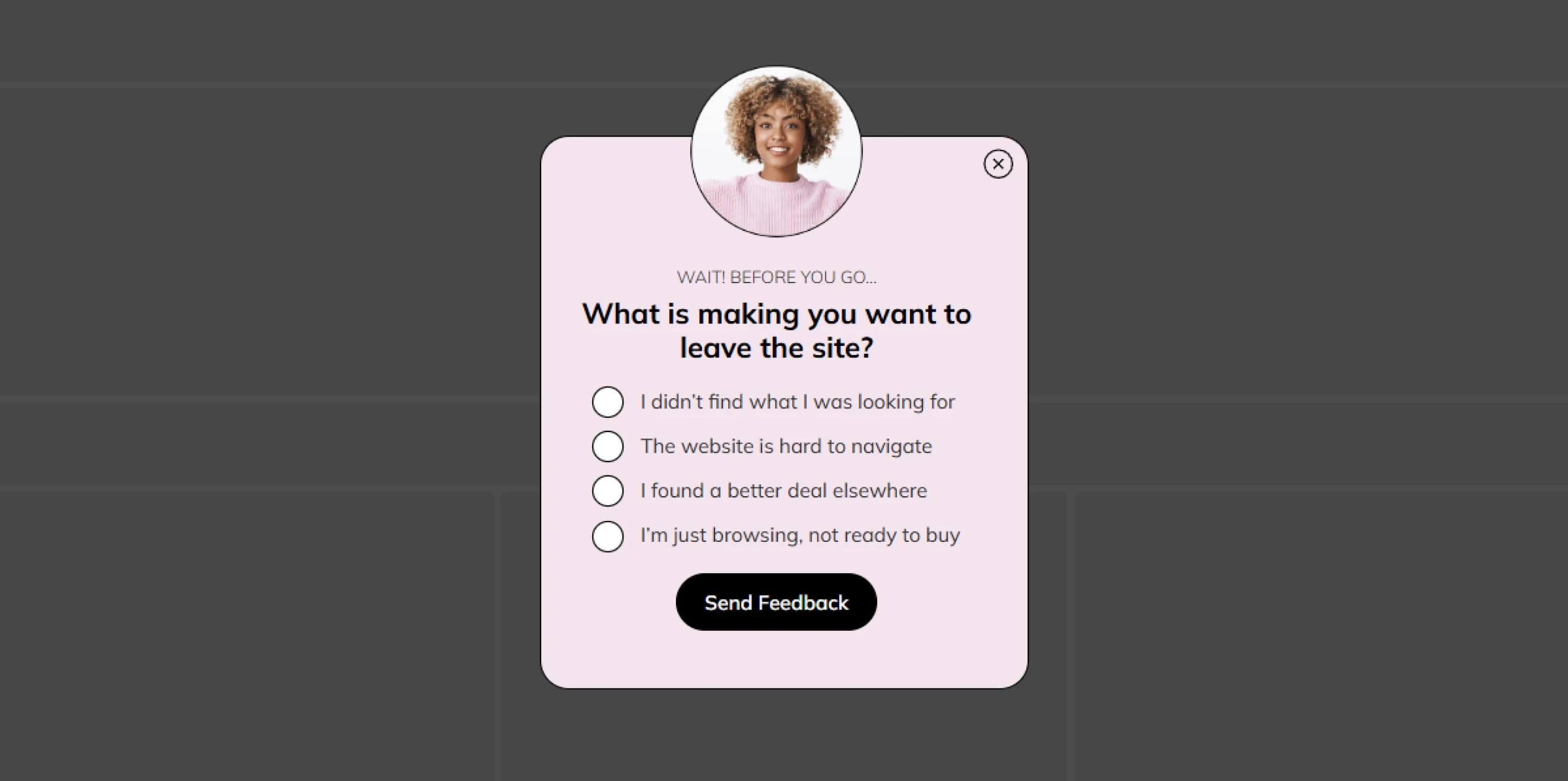 Claspo exit survey popup template to understand why visitors leave the website