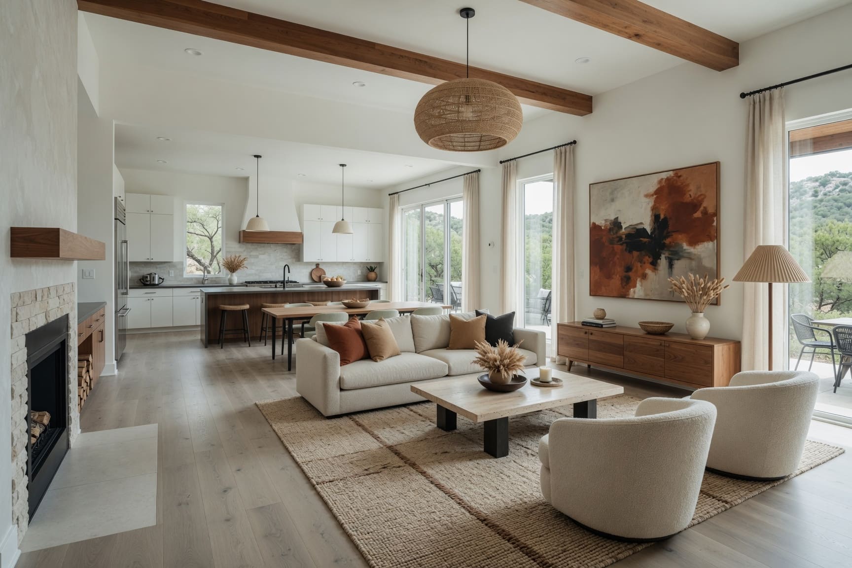 Open plan living room with wood beam ceiling and large artwork