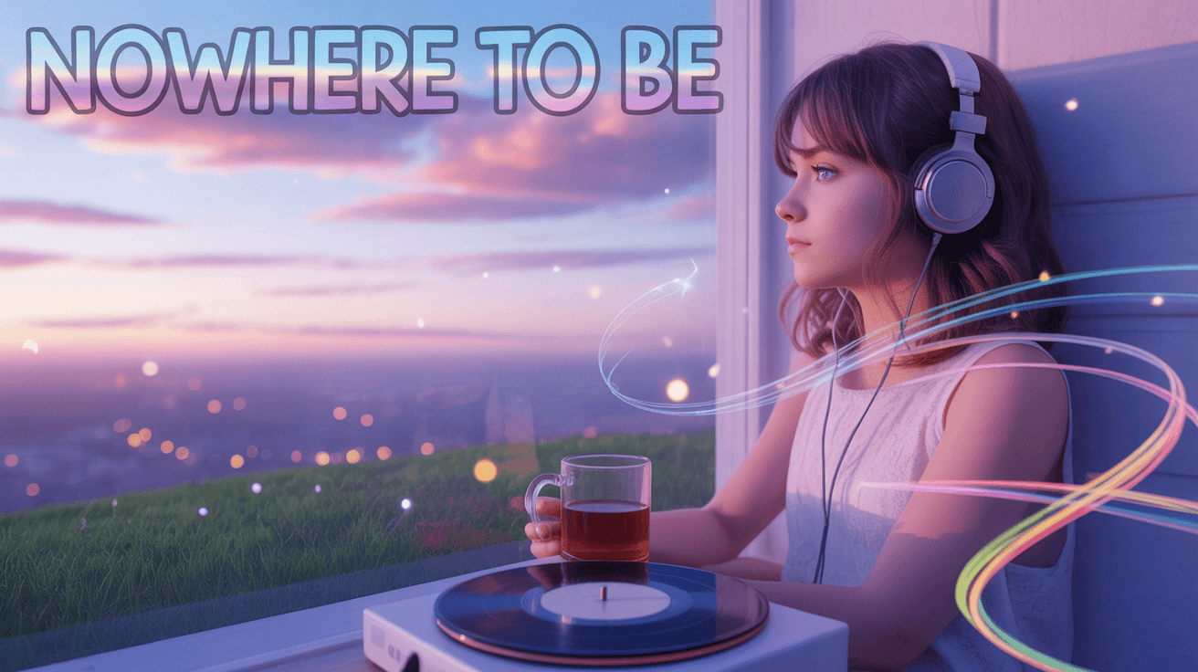 Headphone-wearing girl by window with tea and vinyl under Nowhere to Be pastel sunset title