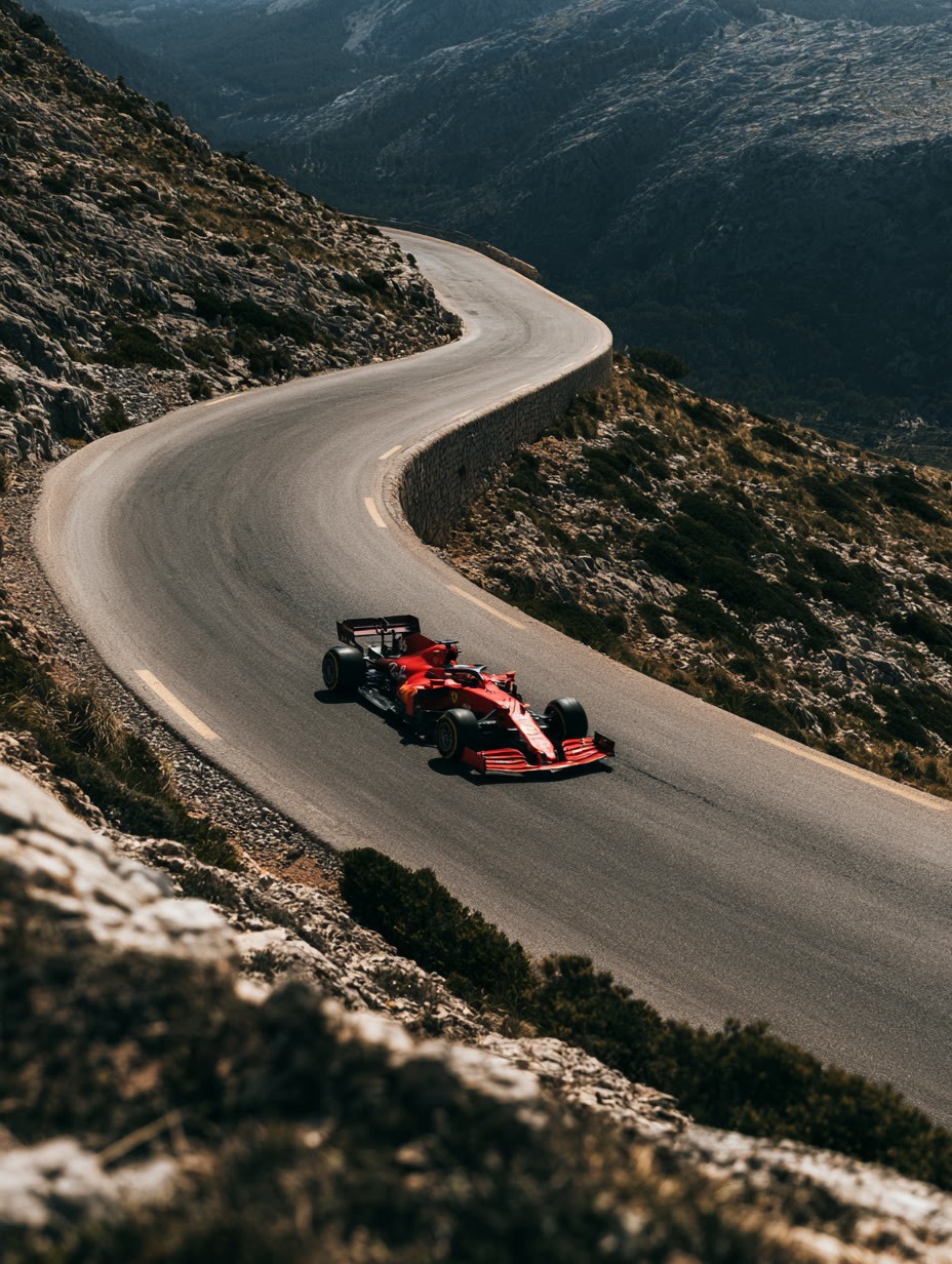 KI-Visual: Roter Rennwagen in einer Serpentine an der Küste Mallorcas