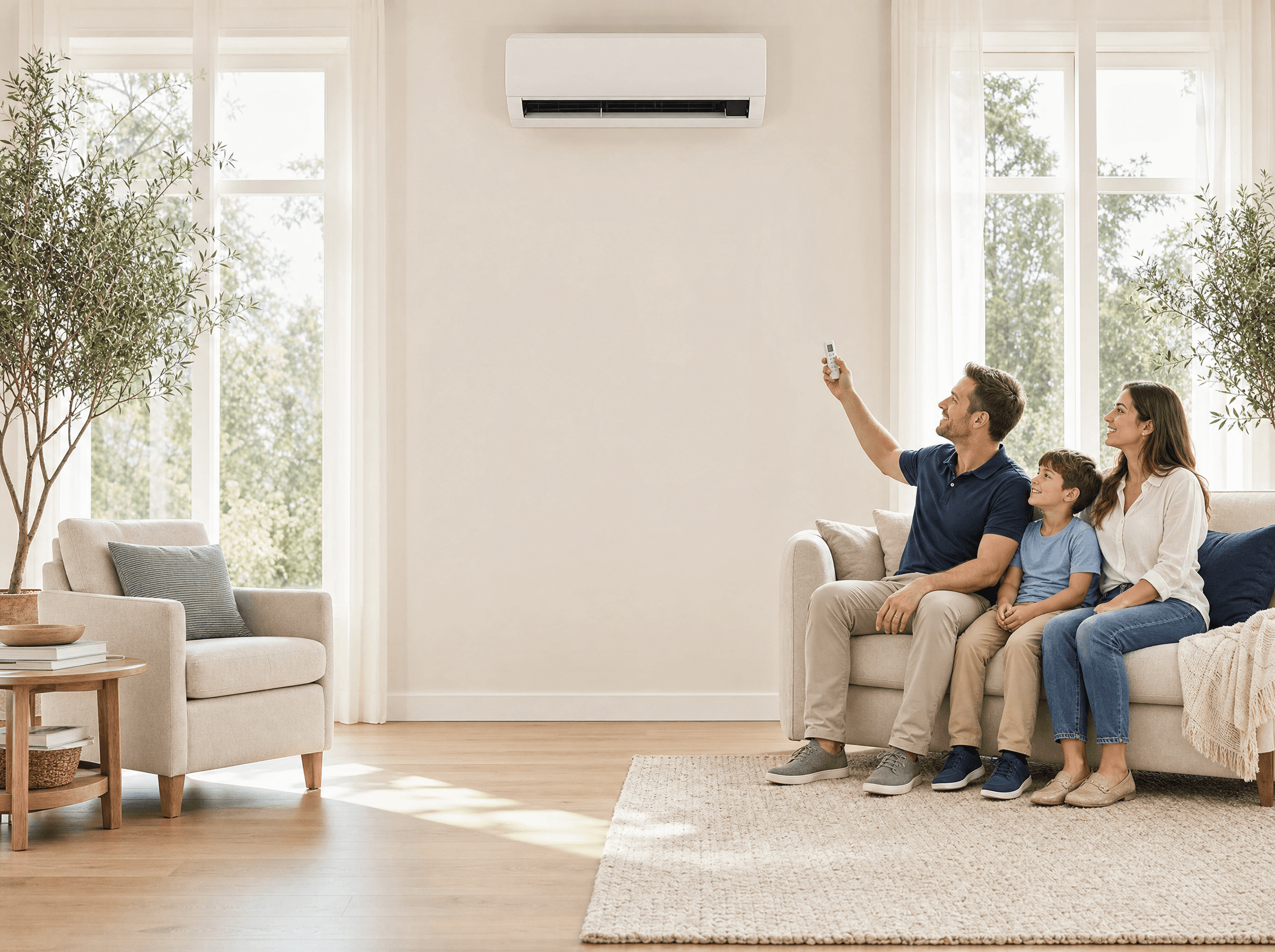 Happy family relaxing on the sofa with the AC remote, wall-mounted air conditioner as the centerpiece