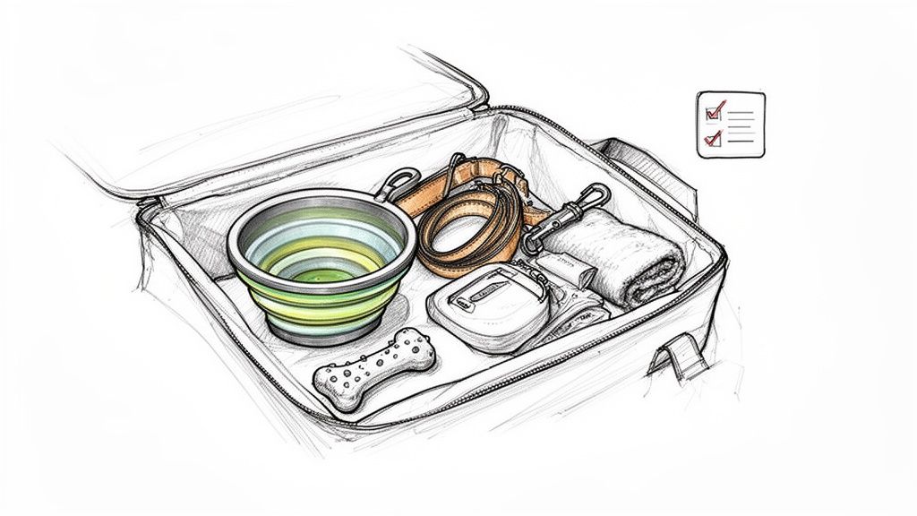 An open travel bag filled with pet essentials: a collapsible bowl, leash, bone toy, and towel.