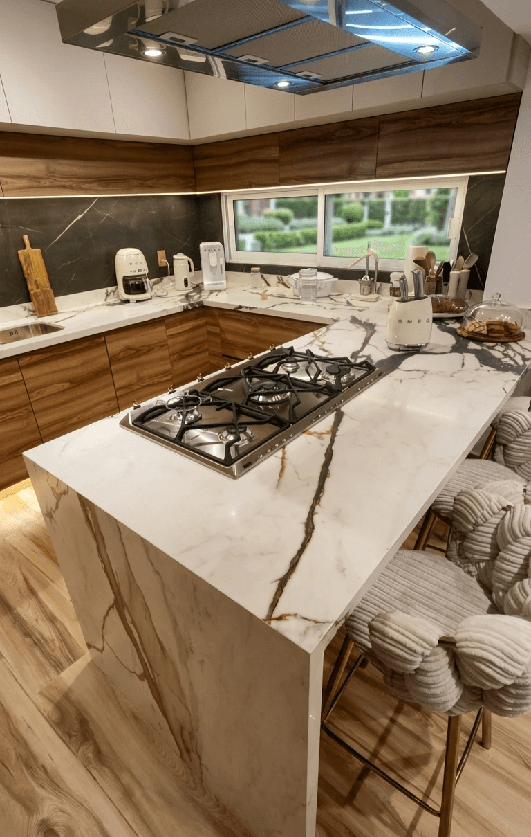 Modern living room with abstract art, beige sectional sofa, indoor plants, and large windows.