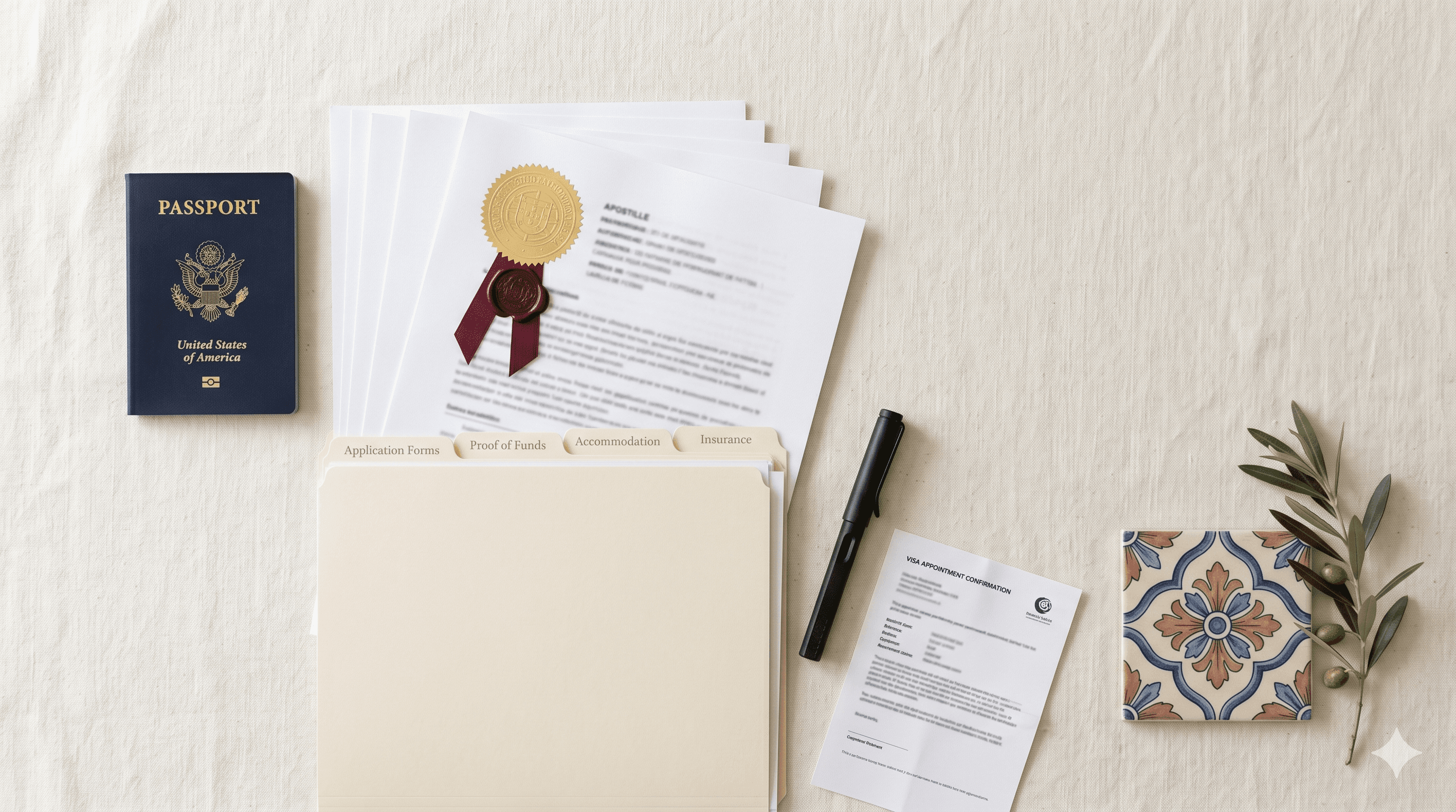 Top-down flat-lay of an organized Portugal D7 visa application, including a US passport, apostilled documents with a gold seal, a labeled folder, and a fountain pen on a cream linen background.
