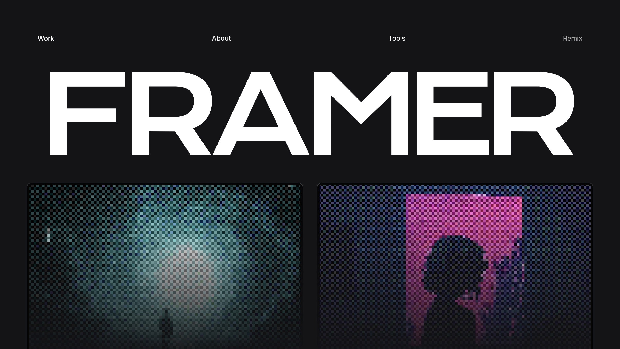 Framer website homepage with navigation menu and pixelated project previews showcasing web design tool capabilities