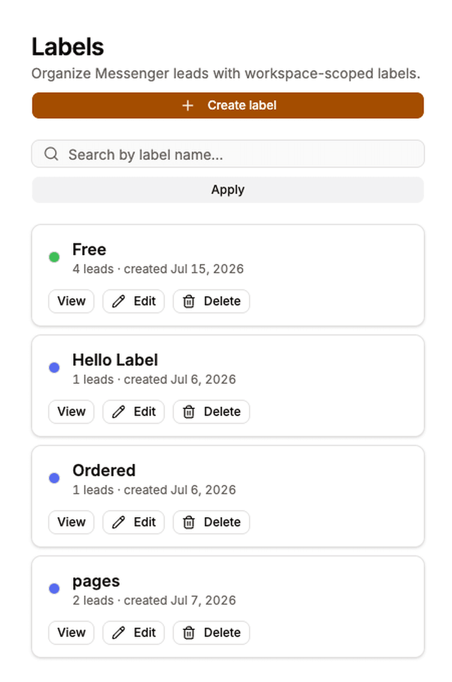 Labels screen listing workspace labels with their lead counts and View, Edit and Delete actions.