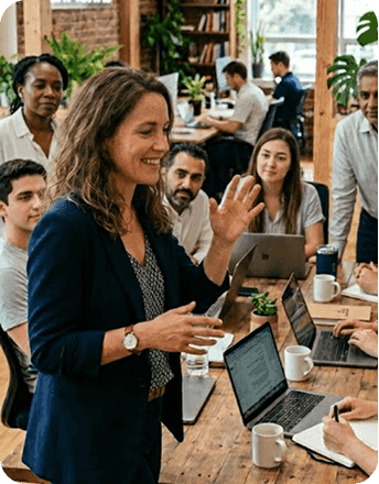 Manager speaking to her team
