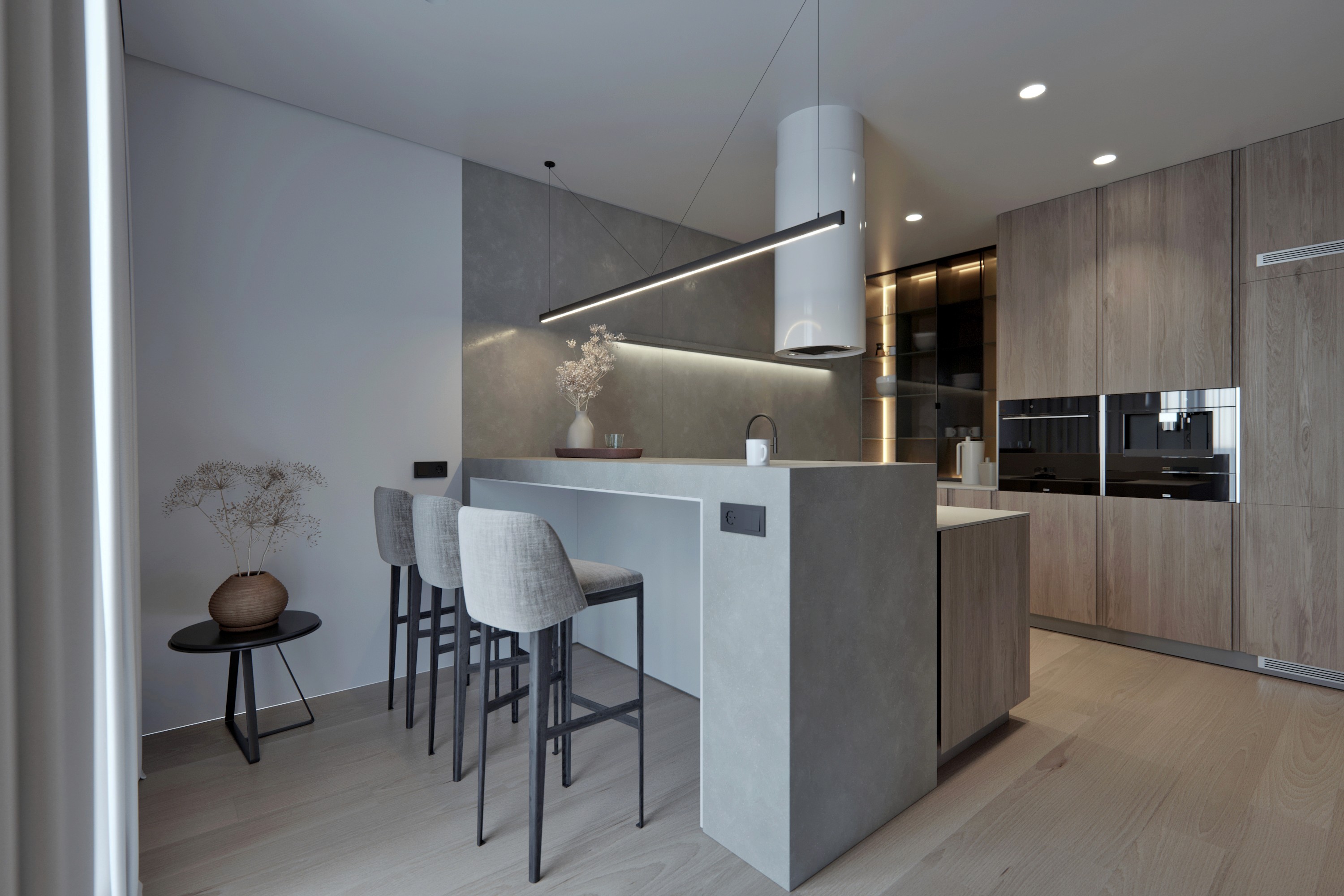 Modern kitchen with wooden panels, black details and stone island in PZL Apartment, Lublin