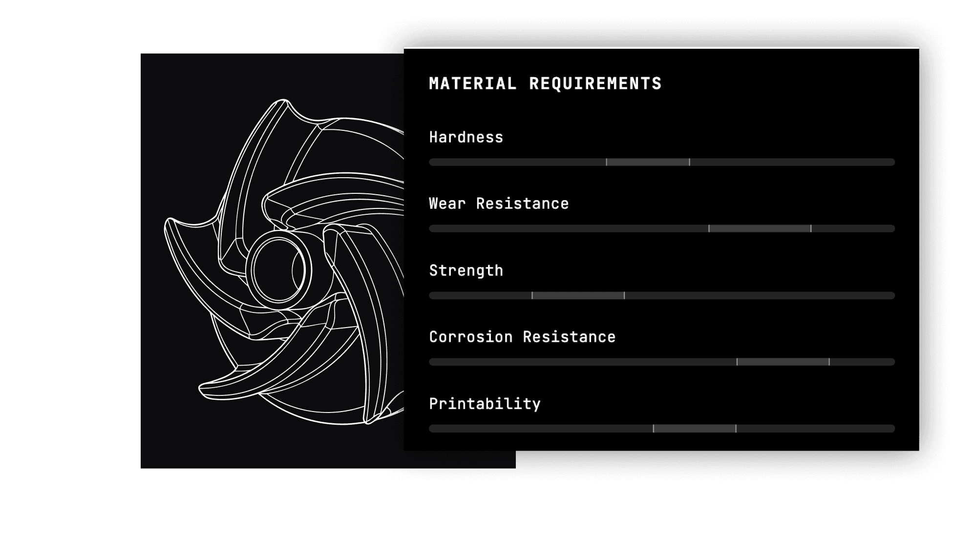 Line drawing of an impeller beside a material requirements panel listing hardness, wear resistance, strength, corrosion resistance and printability