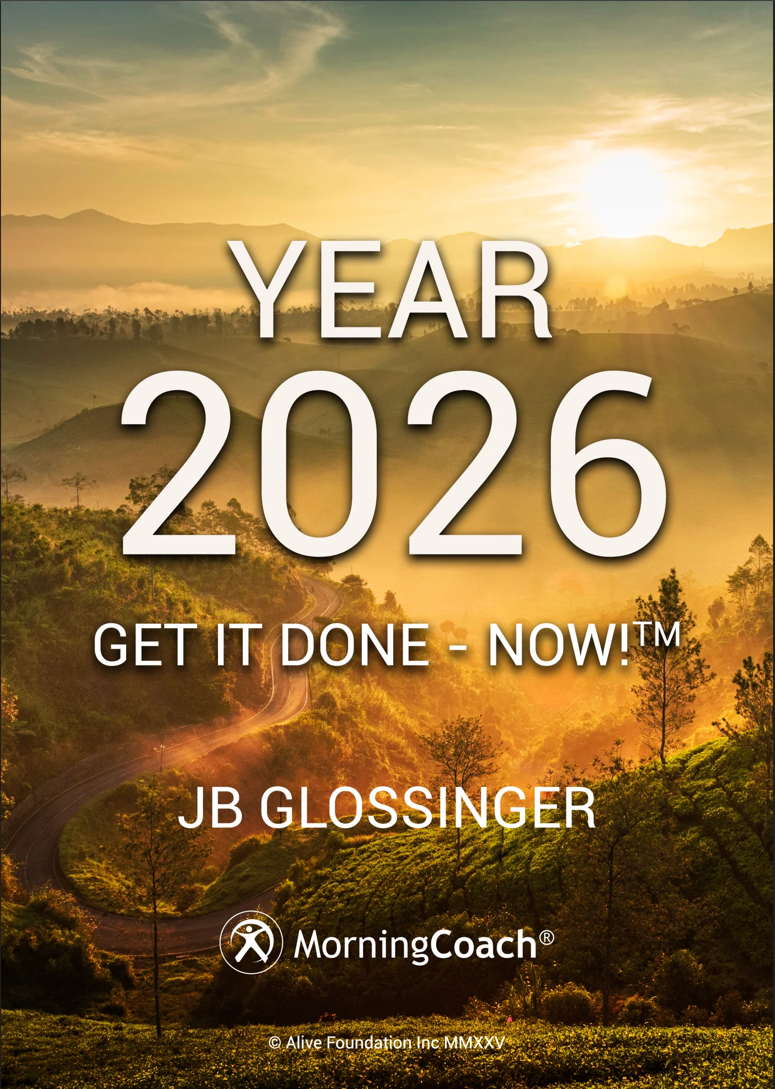 Get It Done — NOW! 2026 planner cover with a sunset road background